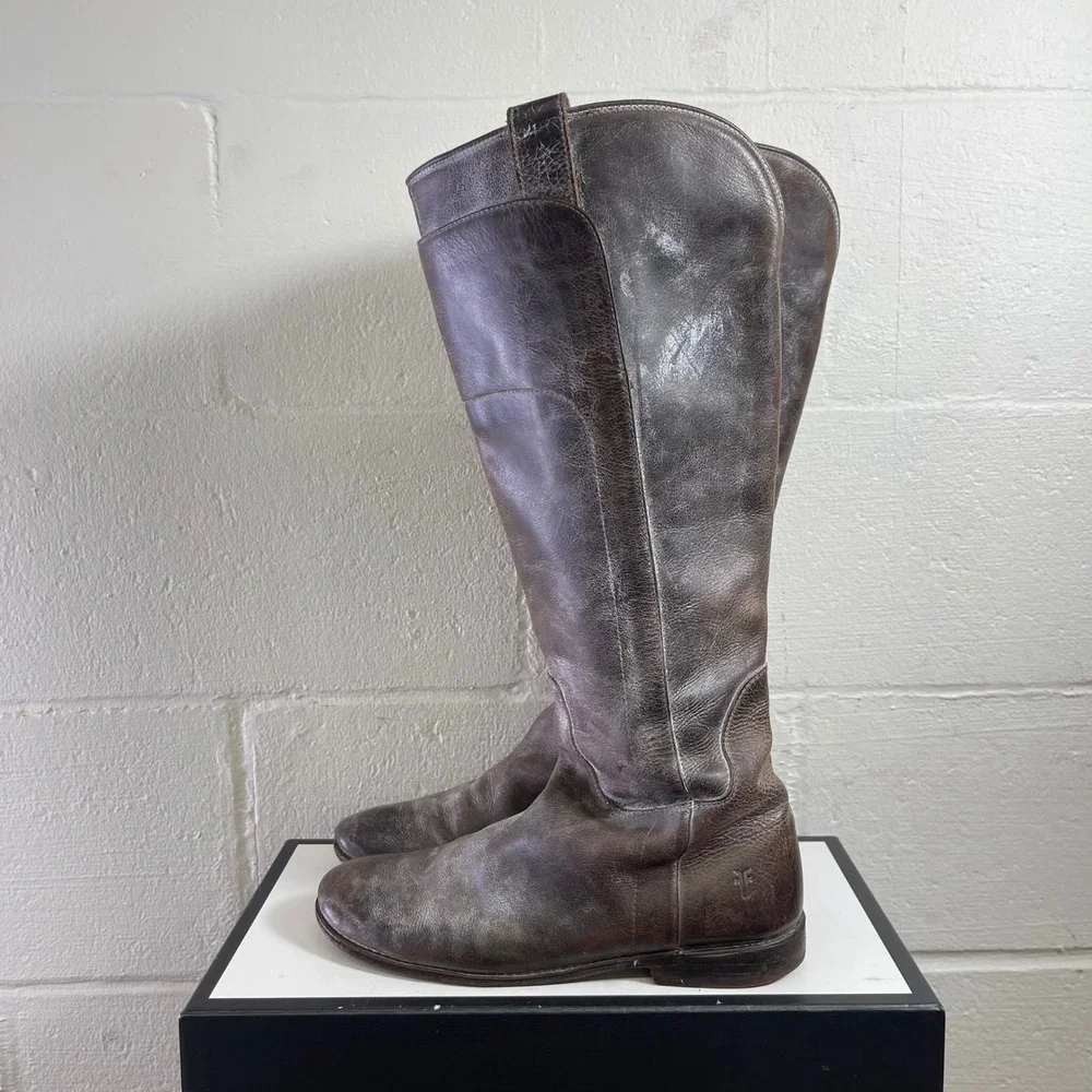 Frye Paige 56783‎ Tall Riding Boots Brown Gray Leather Pull On Women's 8 B